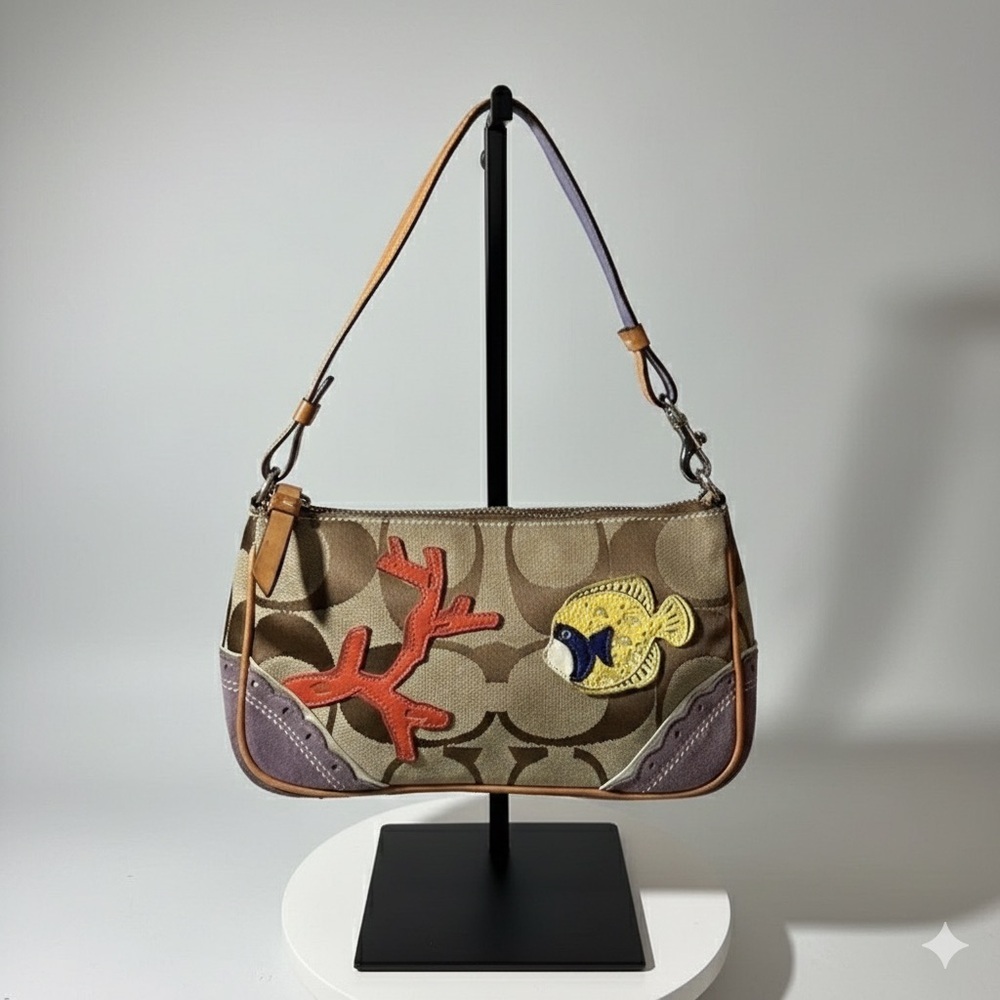 Coach Rare Vintage “Under The Sea” Signature Applique Khaki & Lilac Demi Bag GUC